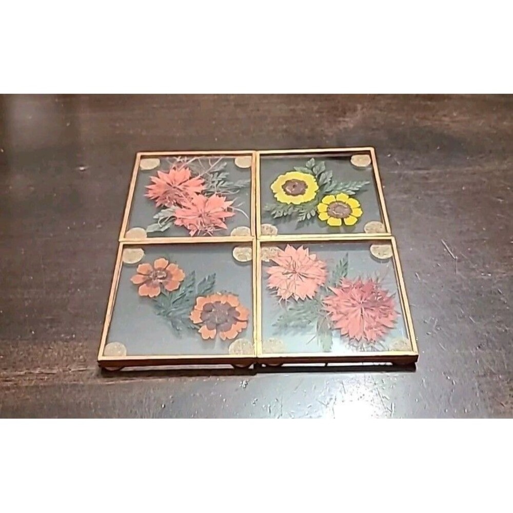 VTG*Pressed Dried Flowers *Glass *Coaster - Copper Edge - Set Of 4